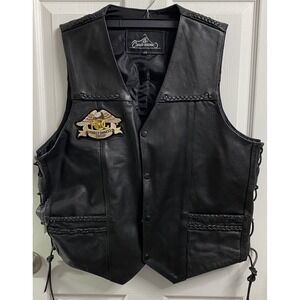 Vintage HOG Men's Black Leather Vest With Patches Eagle Motorcycle Bikers Sz.48